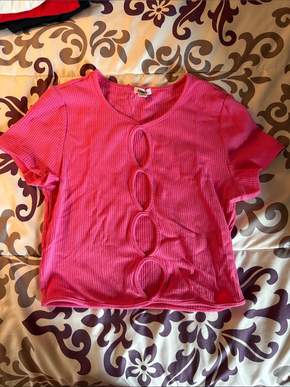 Garage Hot Pink Ribbed Short Sleeve Crop Top with Front Cutouts